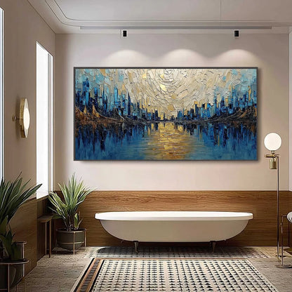GOLDEN HORIZON: Textured Palette Knife Cityscape Reflection Painting | black frame version on white wall
