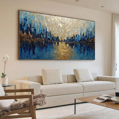 GOLDEN HORIZON: Textured Palette Knife Cityscape Reflection Painting | Abstract mood, soft natural light studio shot