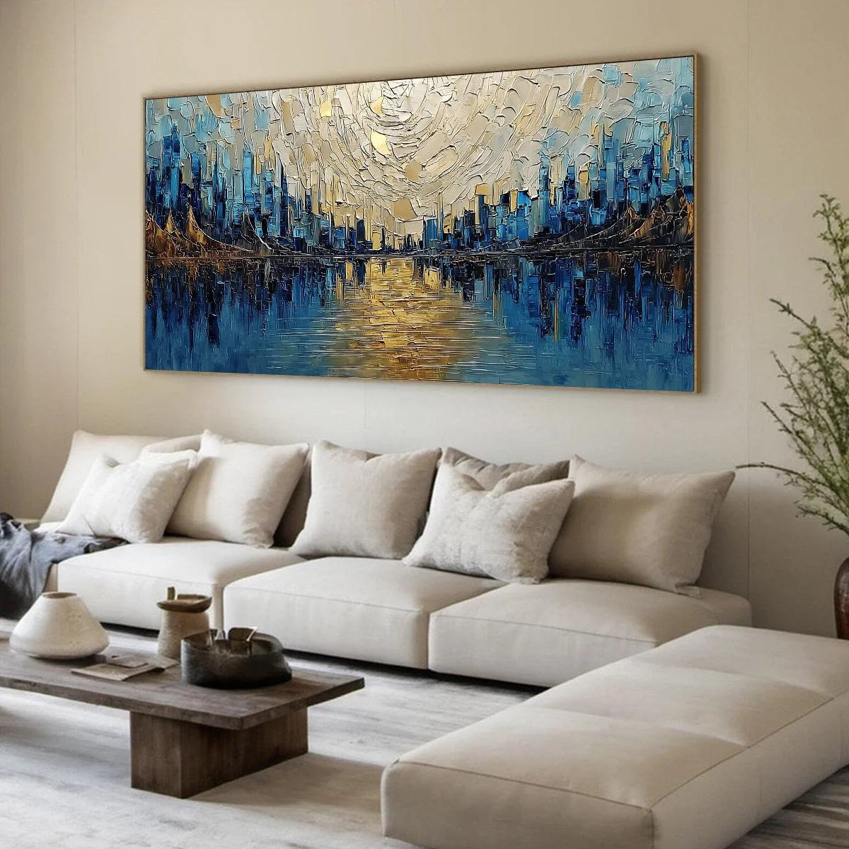 GOLDEN HORIZON: Textured Palette Knife Cityscape Reflection Painting | yellow palette, original oil on stretched canvas art