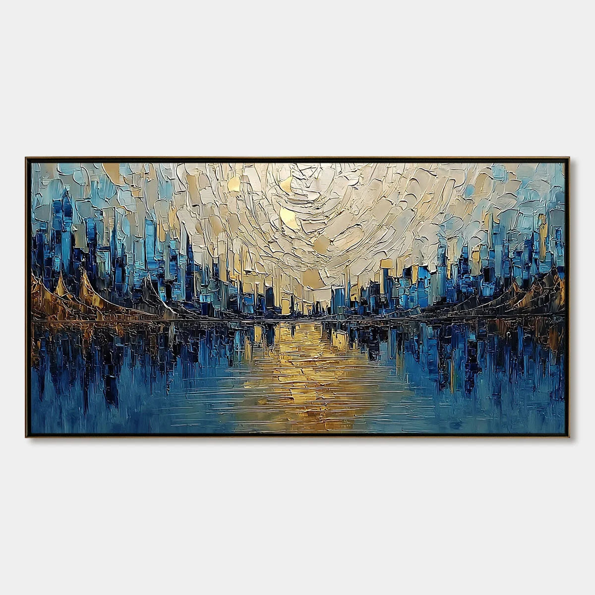 GOLDEN HORIZON: Textured Palette Knife Cityscape Reflection Painting | hanging in living room, Abstract wall art