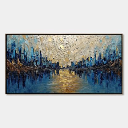 GOLDEN HORIZON: Textured Palette Knife Cityscape Reflection Painting | hanging in living room, Abstract wall art