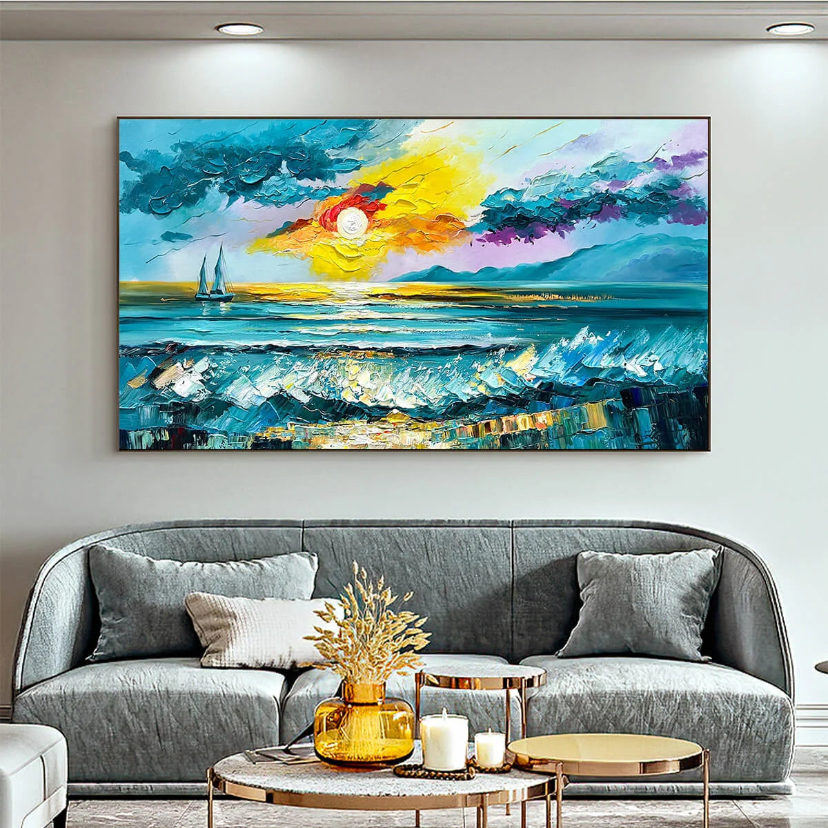 GOLDEN HORIZON: Vibrant Sunset Seascape Oil Painting | Abstract closeup, raised brushwork detail
