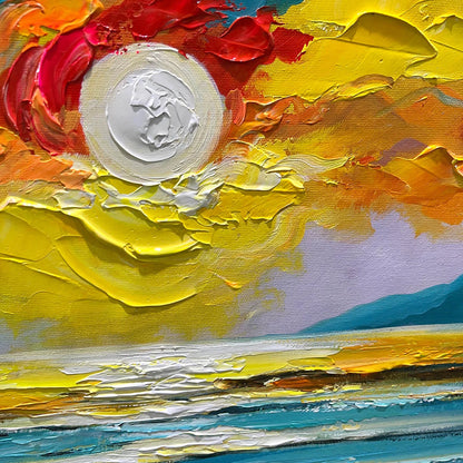 GOLDEN HORIZON: Vibrant Sunset Seascape Oil Painting | rectangular format, hand-painted canvas edge
