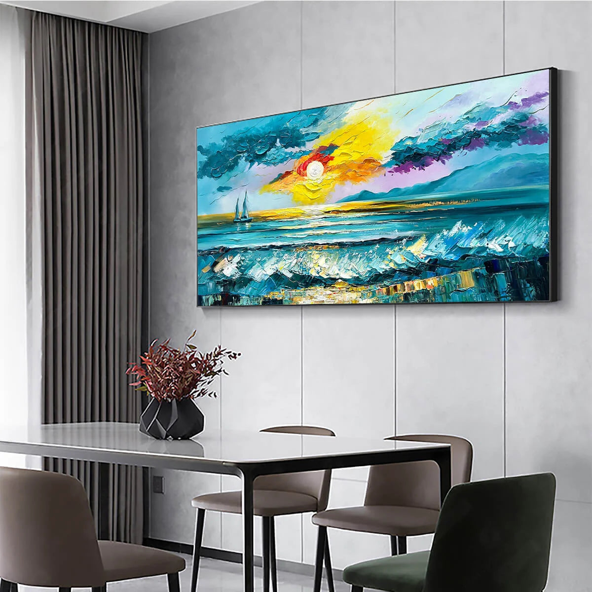 GOLDEN HORIZON: Vibrant Sunset Seascape Oil Painting | gold frame stretched on neutral wall