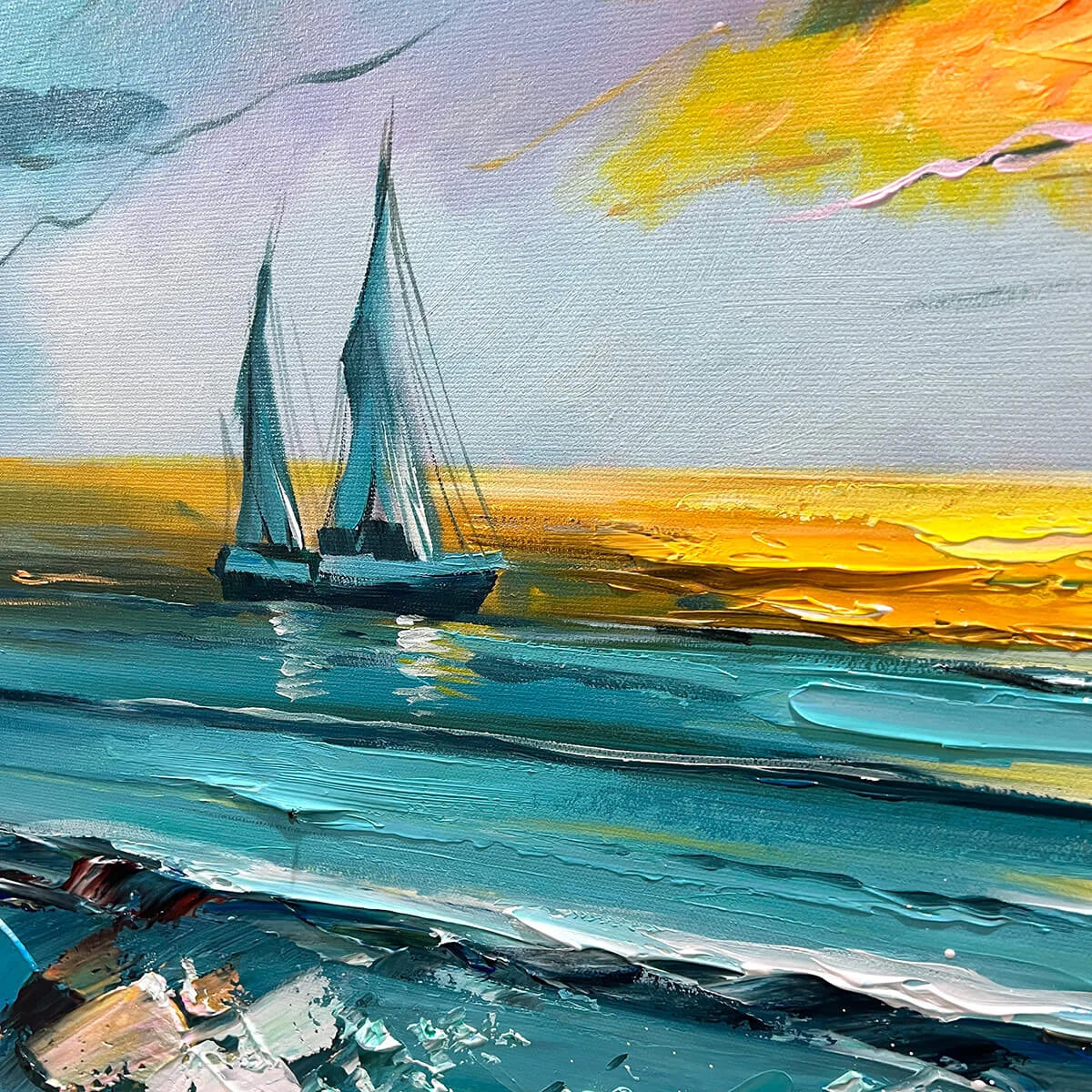 GOLDEN HORIZON: Vibrant Sunset Seascape Oil Painting | rolled canvas, ready for custom framing