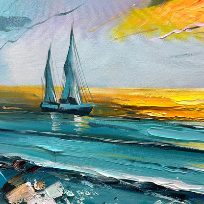 GOLDEN HORIZON: Vibrant Sunset Seascape Oil Painting | rolled canvas, ready for custom framing