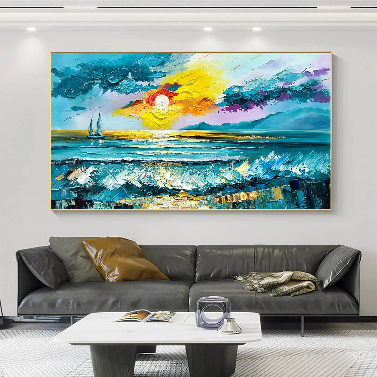 GOLDEN HORIZON: Vibrant Sunset Seascape Oil Painting | black frame version on white wall