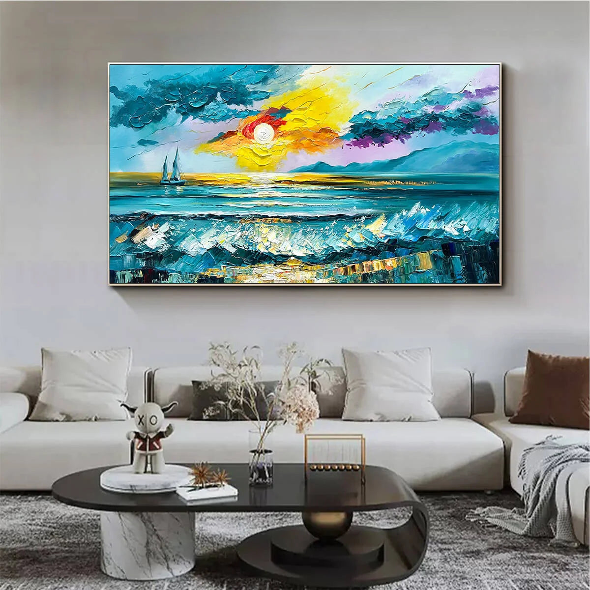 GOLDEN HORIZON: Vibrant Sunset Seascape Oil Painting | Abstract mood, soft natural light studio shot