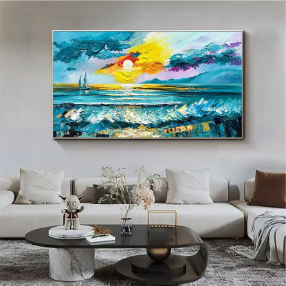 GOLDEN HORIZON: Vibrant Sunset Seascape Oil Painting | Abstract mood, soft natural light studio shot