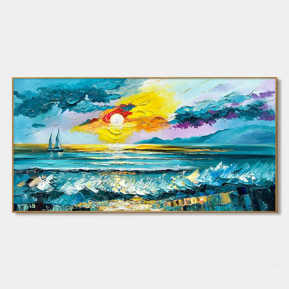 GOLDEN HORIZON: Vibrant Sunset Seascape Oil Painting | hanging in living room, Abstract wall art