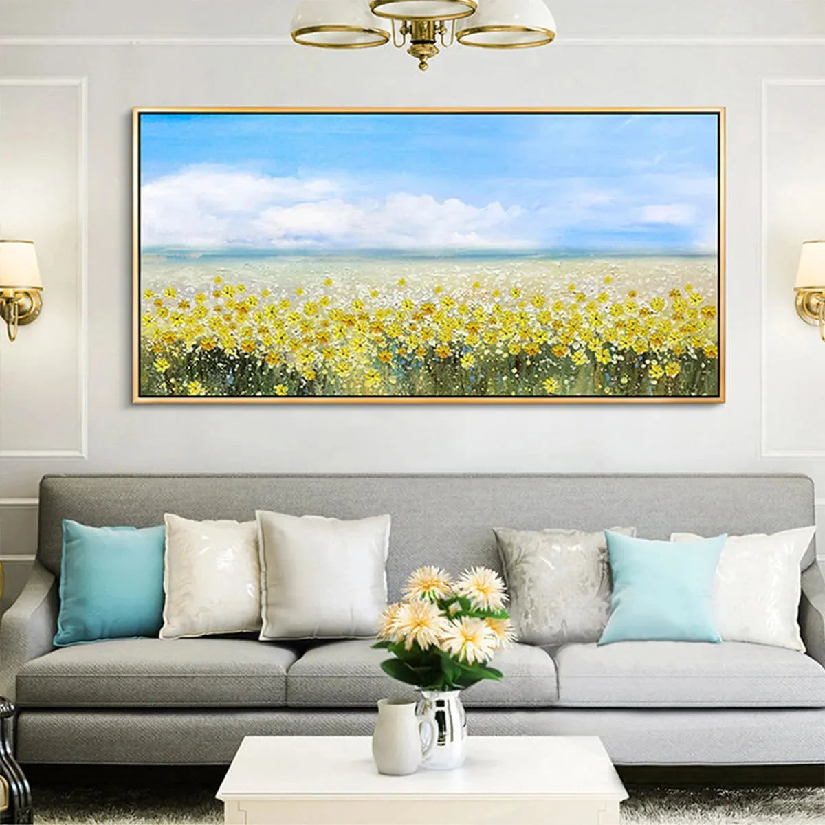 GOLDEN HOUR BLOOM: Landscape Oil Painting with Yellow Wildflowers and Blue Sky | Landscape closeup, raised brushwork detail