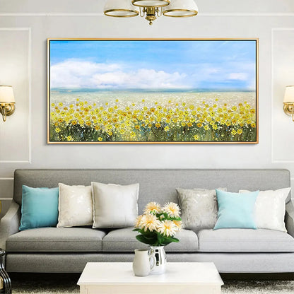 GOLDEN HOUR BLOOM: Landscape Oil Painting with Yellow Wildflowers and Blue Sky | Landscape closeup, raised brushwork detail