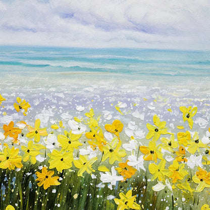GOLDEN HOUR BLOOM: Landscape Oil Painting with Yellow Wildflowers and Blue Sky | rectangular format, hand-painted canvas edge