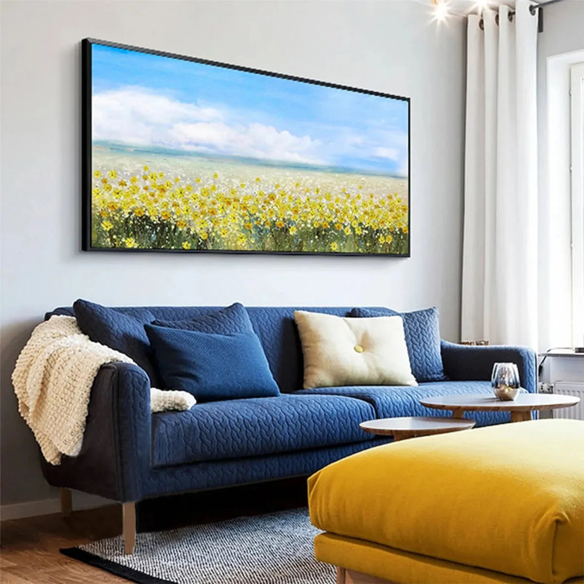 GOLDEN HOUR BLOOM: Landscape Oil Painting with Yellow Wildflowers and Blue Sky | gold frame stretched on neutral wall