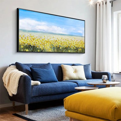 GOLDEN HOUR BLOOM: Landscape Oil Painting with Yellow Wildflowers and Blue Sky | gold frame stretched on neutral wall