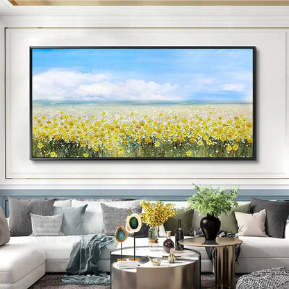 GOLDEN HOUR BLOOM: Landscape Oil Painting with Yellow Wildflowers and Blue Sky | rolled canvas, ready for custom framing