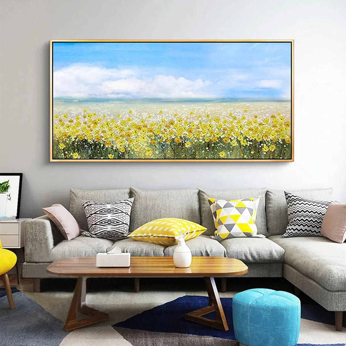 GOLDEN HOUR BLOOM: Landscape Oil Painting with Yellow Wildflowers and Blue Sky | black frame version on white wall