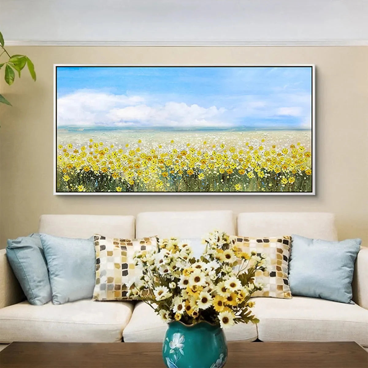 GOLDEN HOUR BLOOM: Landscape Oil Painting with Yellow Wildflowers and Blue Sky | Landscape mood, soft natural light studio shot