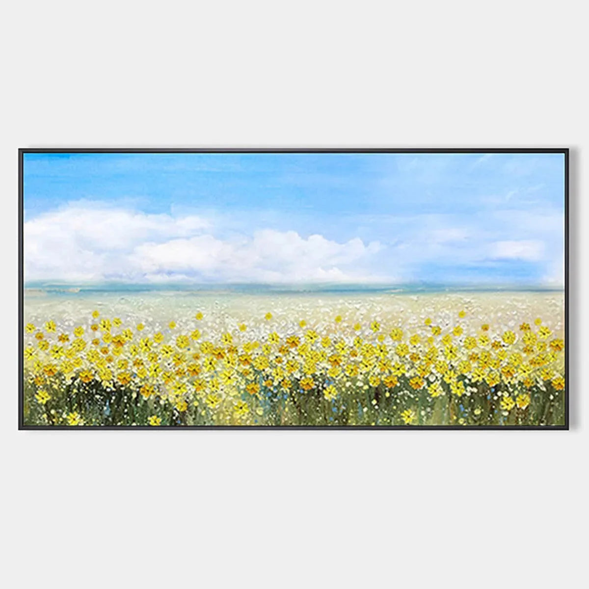 GOLDEN HOUR BLOOM: Landscape Oil Painting with Yellow Wildflowers and Blue Sky | hanging in living room, Landscape wall art