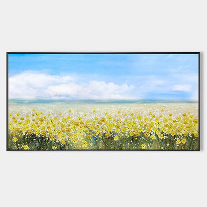 GOLDEN HOUR BLOOM: Landscape Oil Painting with Yellow Wildflowers and Blue Sky | hanging in living room, Landscape wall art