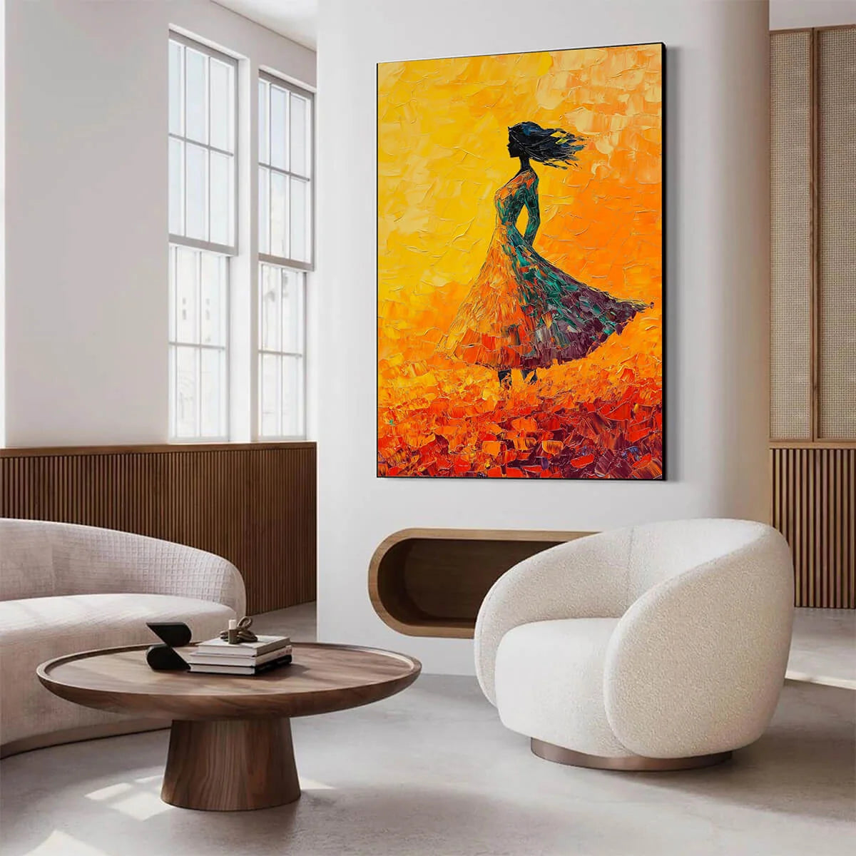 GOLDEN HOUR GRACE: Textured Impasto Figurative Oil Painting of Woman in Field | rectangular format, hand-painted canvas edge