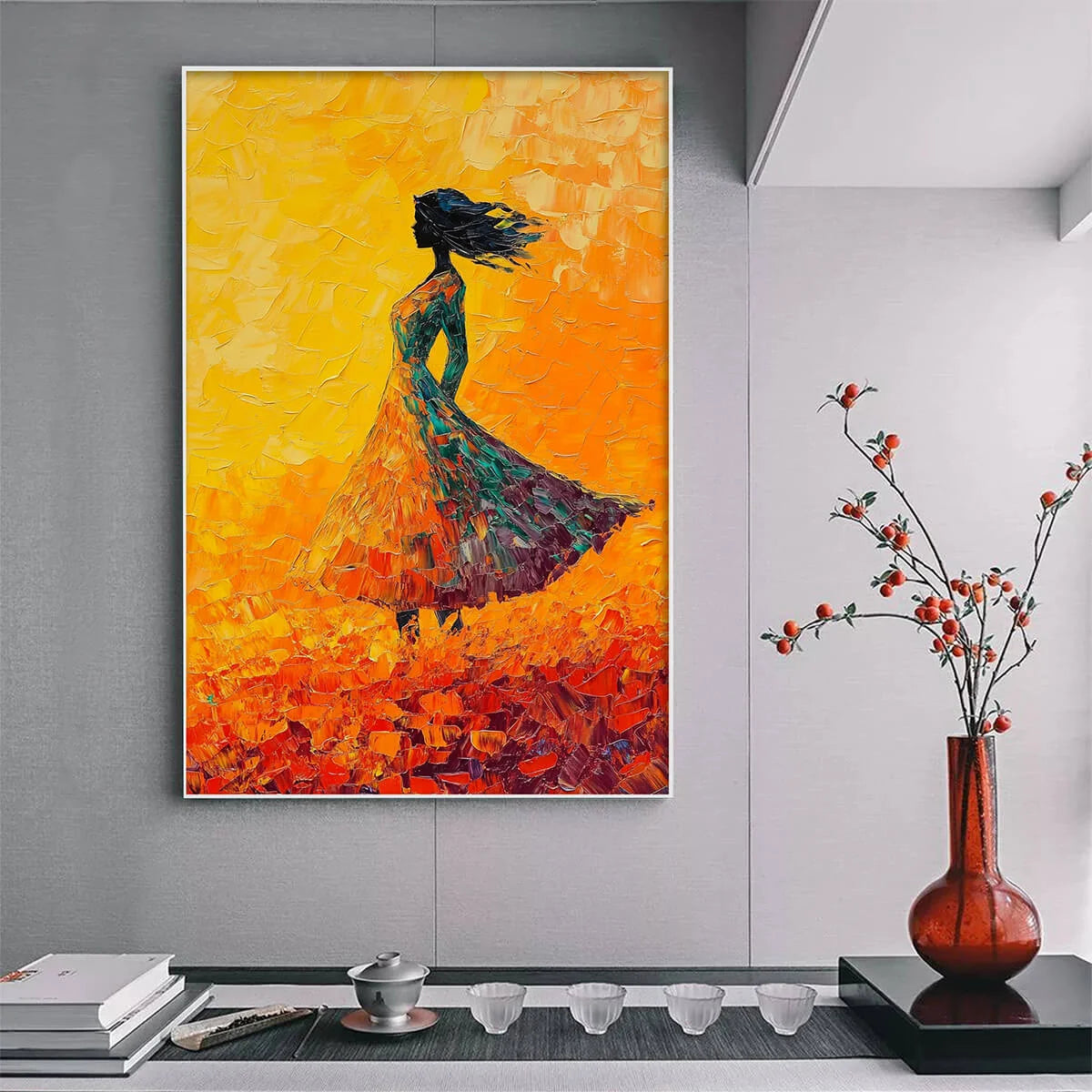 GOLDEN HOUR GRACE: Textured Impasto Figurative Oil Painting of Woman in Field | gold frame stretched on neutral wall