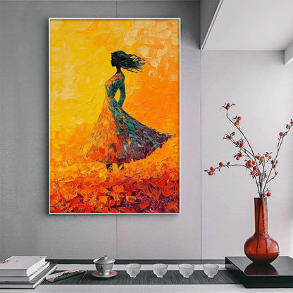 GOLDEN HOUR GRACE: Textured Impasto Figurative Oil Painting of Woman in Field | gold frame stretched on neutral wall