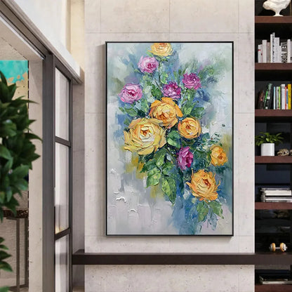 GOLDEN HOUR ROSES: Vertical Textured Floral Oil Painting on Canvas | Abstract closeup, raised brushwork detail