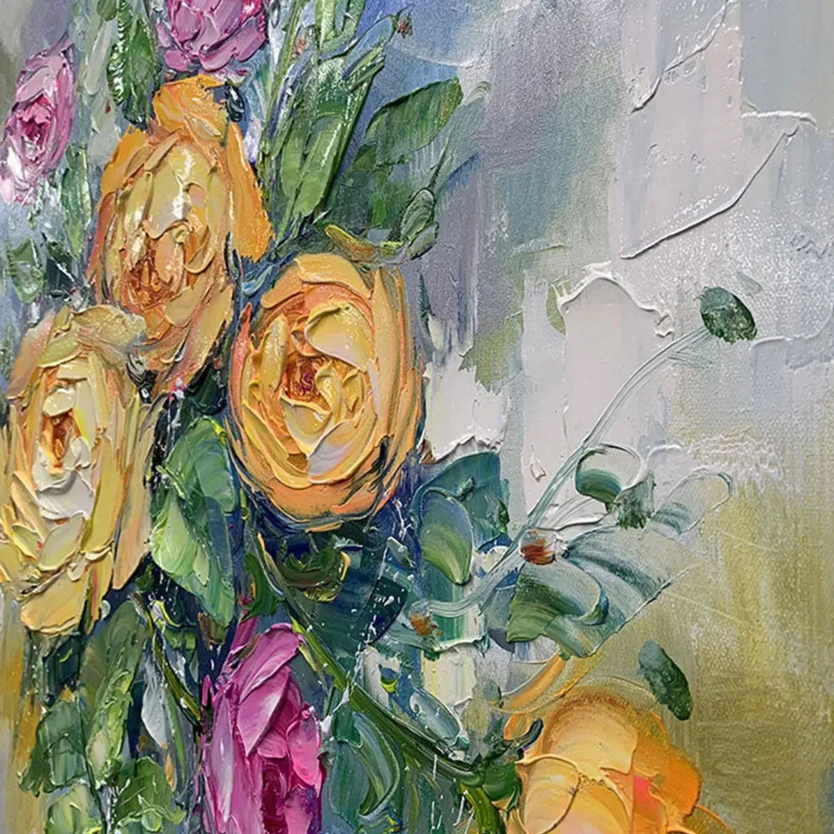 GOLDEN HOUR ROSES: Vertical Textured Floral Oil Painting on Canvas | rectangular format, hand-painted canvas edge