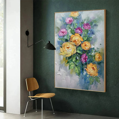 GOLDEN HOUR ROSES: Vertical Textured Floral Oil Painting on Canvas | gold frame stretched on neutral wall