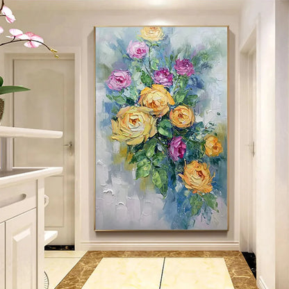 GOLDEN HOUR ROSES: Vertical Textured Floral Oil Painting on Canvas | black frame version on white wall