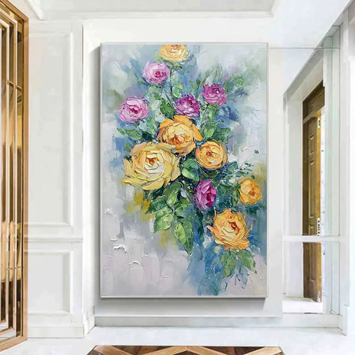 GOLDEN HOUR ROSES: Vertical Textured Floral Oil Painting on Canvas | Abstract mood, soft natural light studio shot