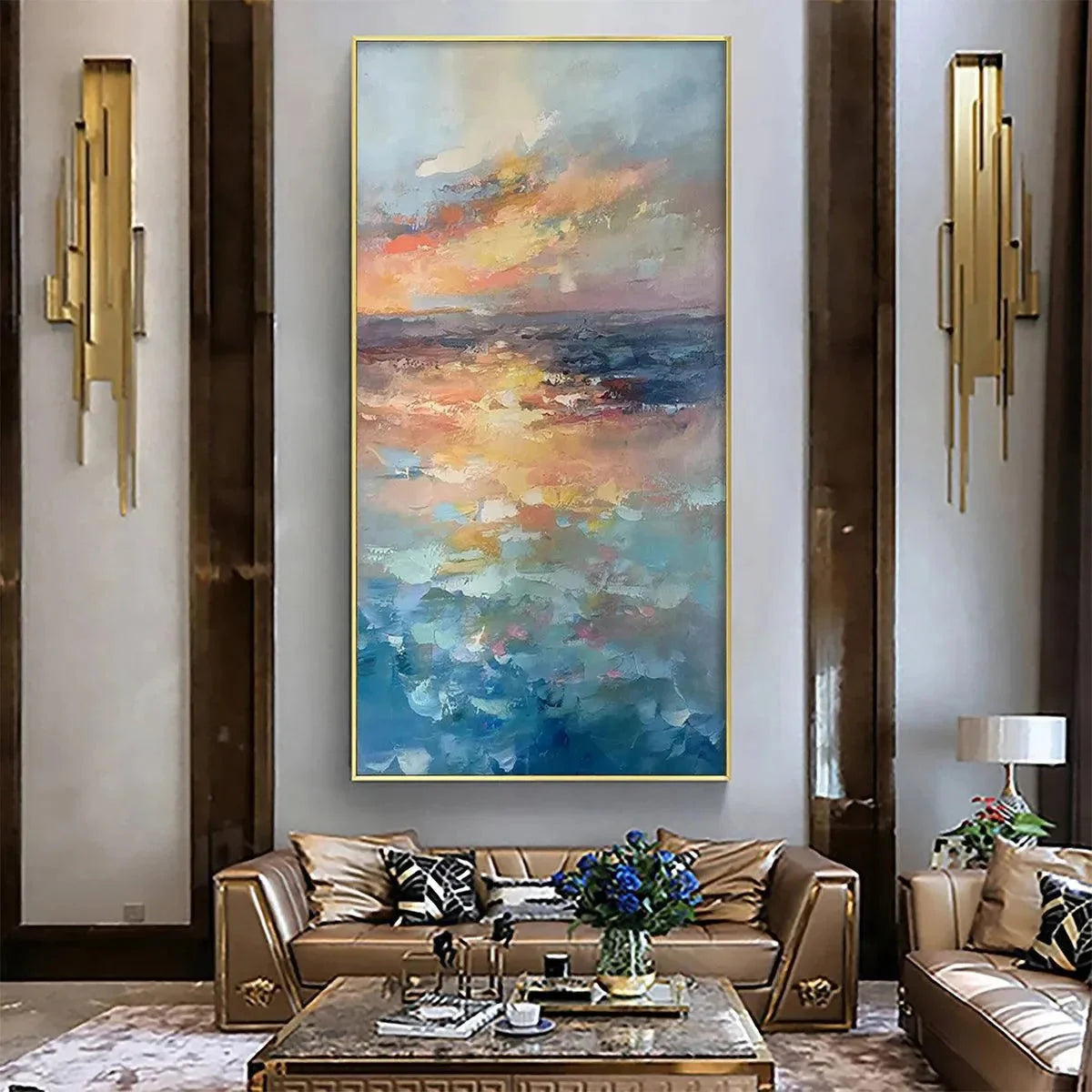 GOLDEN HOUR SEASCAPE: Ocean Painting, Sunset Wall Art, Impasto Texture, Vertical Canvas | Abstract closeup, raised brushwork detail