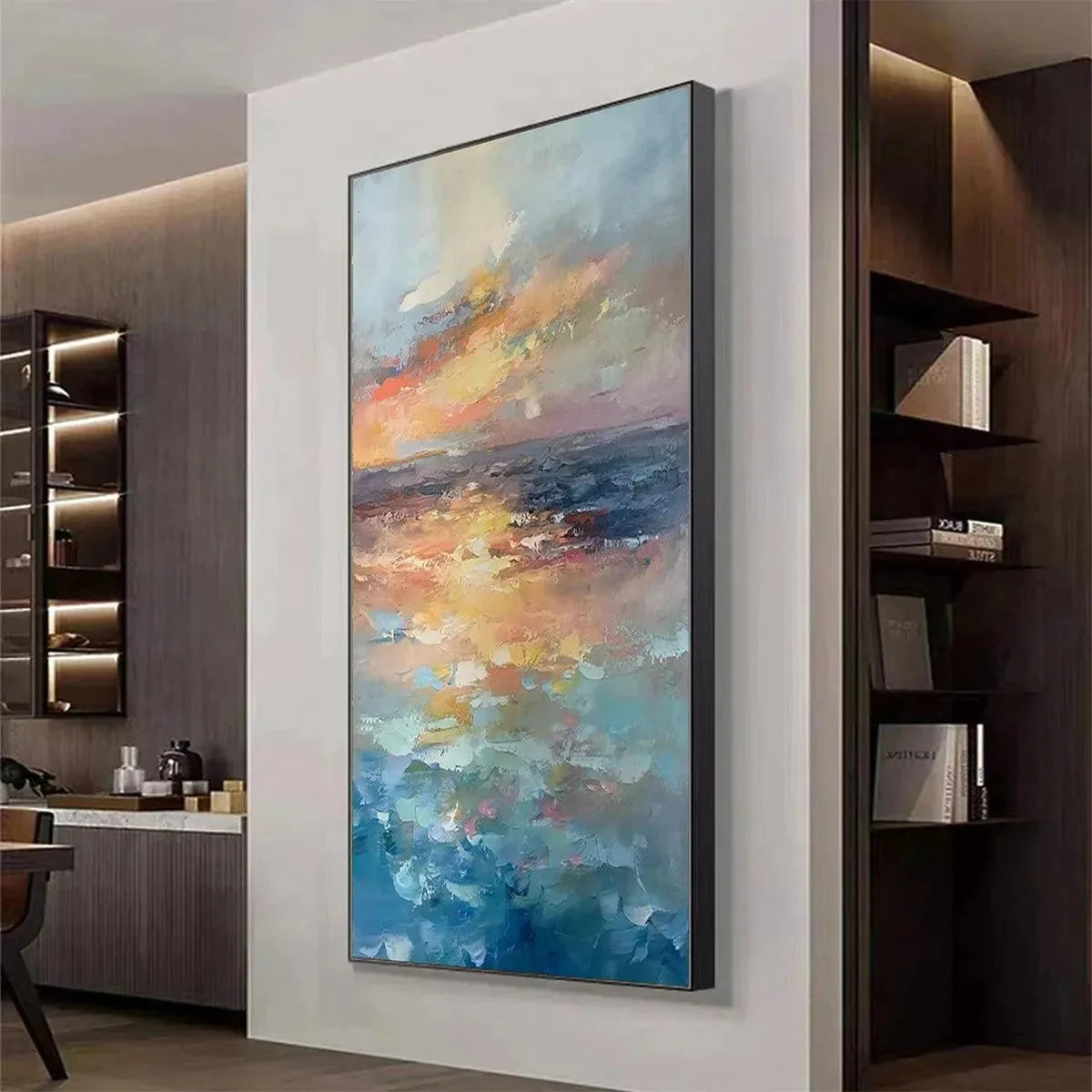 GOLDEN HOUR SEASCAPE: Ocean Painting, Sunset Wall Art, Impasto Texture, Vertical Canvas | gold frame stretched on neutral wall