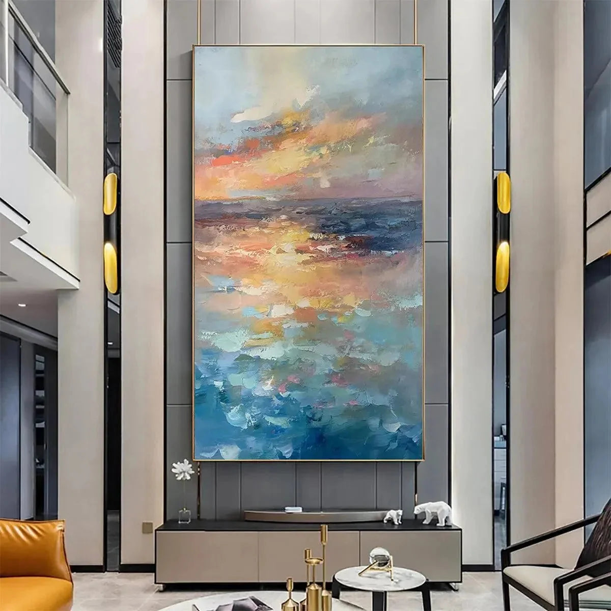 GOLDEN HOUR SEASCAPE: Ocean Painting, Sunset Wall Art, Impasto Texture, Vertical Canvas | black frame version on white wall