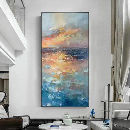 GOLDEN HOUR SEASCAPE: Ocean Painting, Sunset Wall Art, Impasto Texture, Vertical Canvas | Abstract mood, soft natural light studio shot