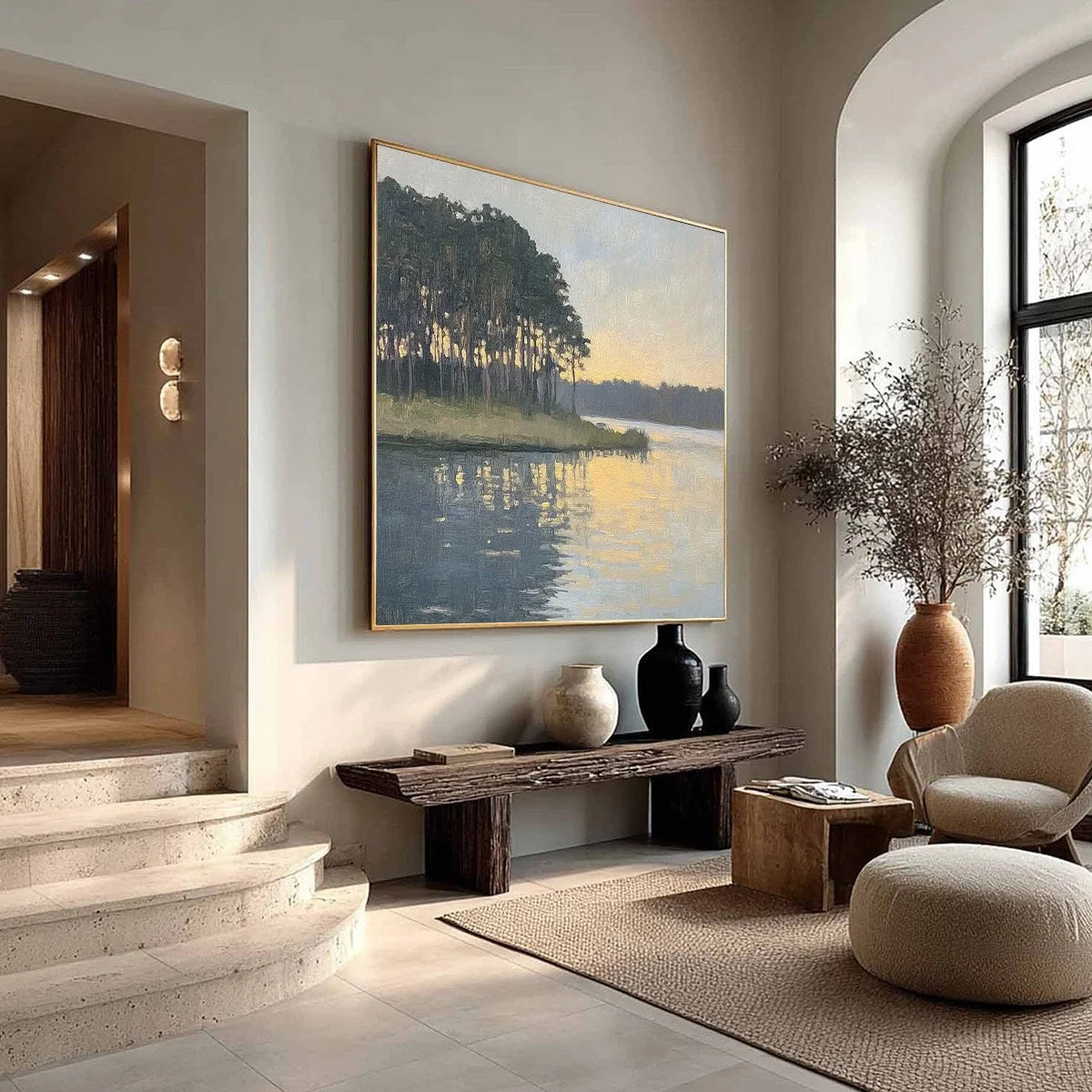 GOLDEN HOUR SERENITY: Tranquil Landscape Oil Painting | rectangular format, hand-painted canvas edge