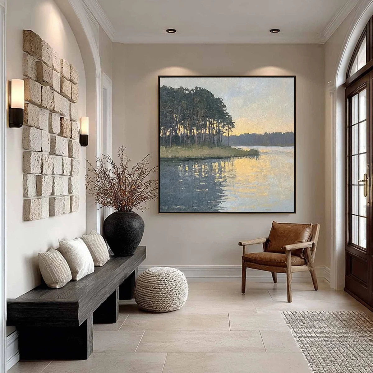 GOLDEN HOUR SERENITY: Tranquil Landscape Oil Painting | gold frame stretched on neutral wall