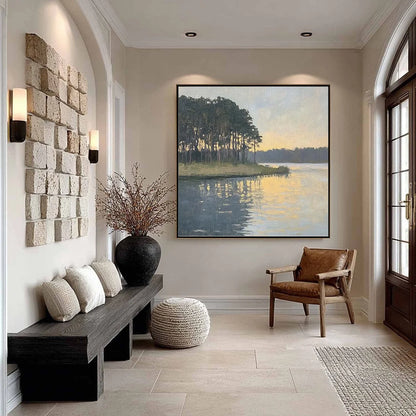 GOLDEN HOUR SERENITY: Tranquil Landscape Oil Painting | gold frame stretched on neutral wall
