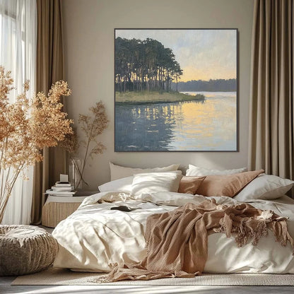 GOLDEN HOUR SERENITY: Tranquil Landscape Oil Painting | black frame version on white wall