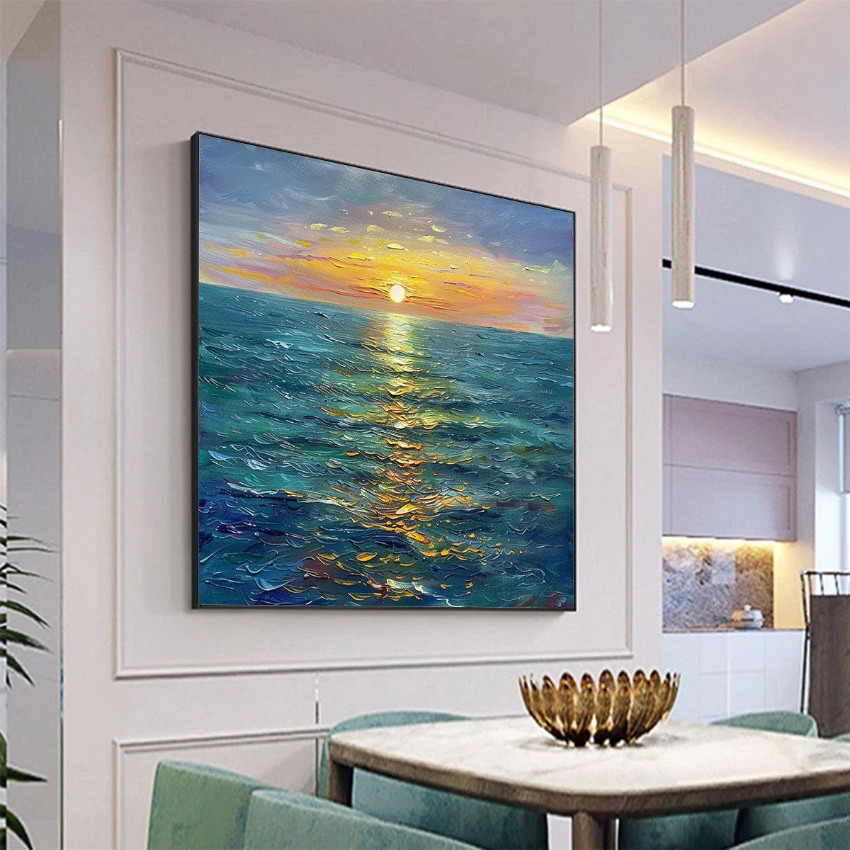 GOLDEN HOUR: Textured Sunset Seascape Oil Painting | gold frame stretched on neutral wall