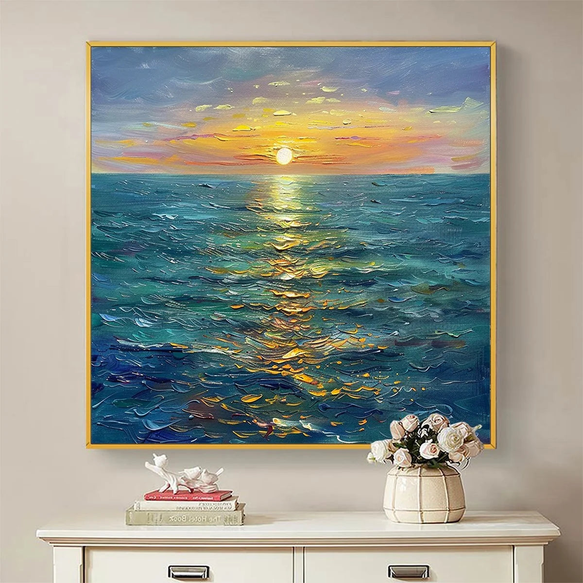 GOLDEN HOUR: Textured Sunset Seascape Oil Painting | black frame version on white wall