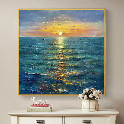 GOLDEN HOUR: Textured Sunset Seascape Oil Painting | black frame version on white wall