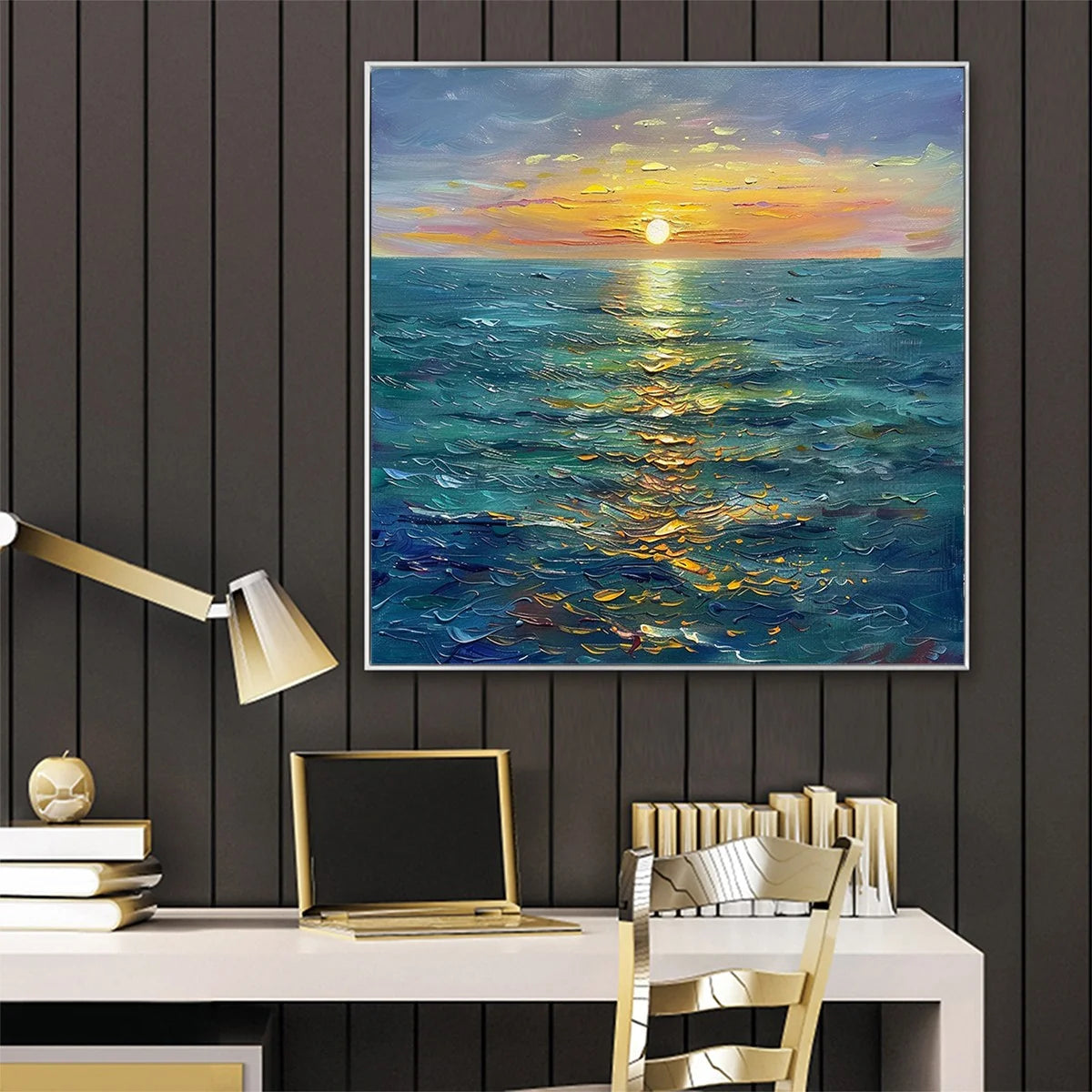 GOLDEN HOUR: Textured Sunset Seascape Oil Painting | Abstract mood, soft natural light studio shot