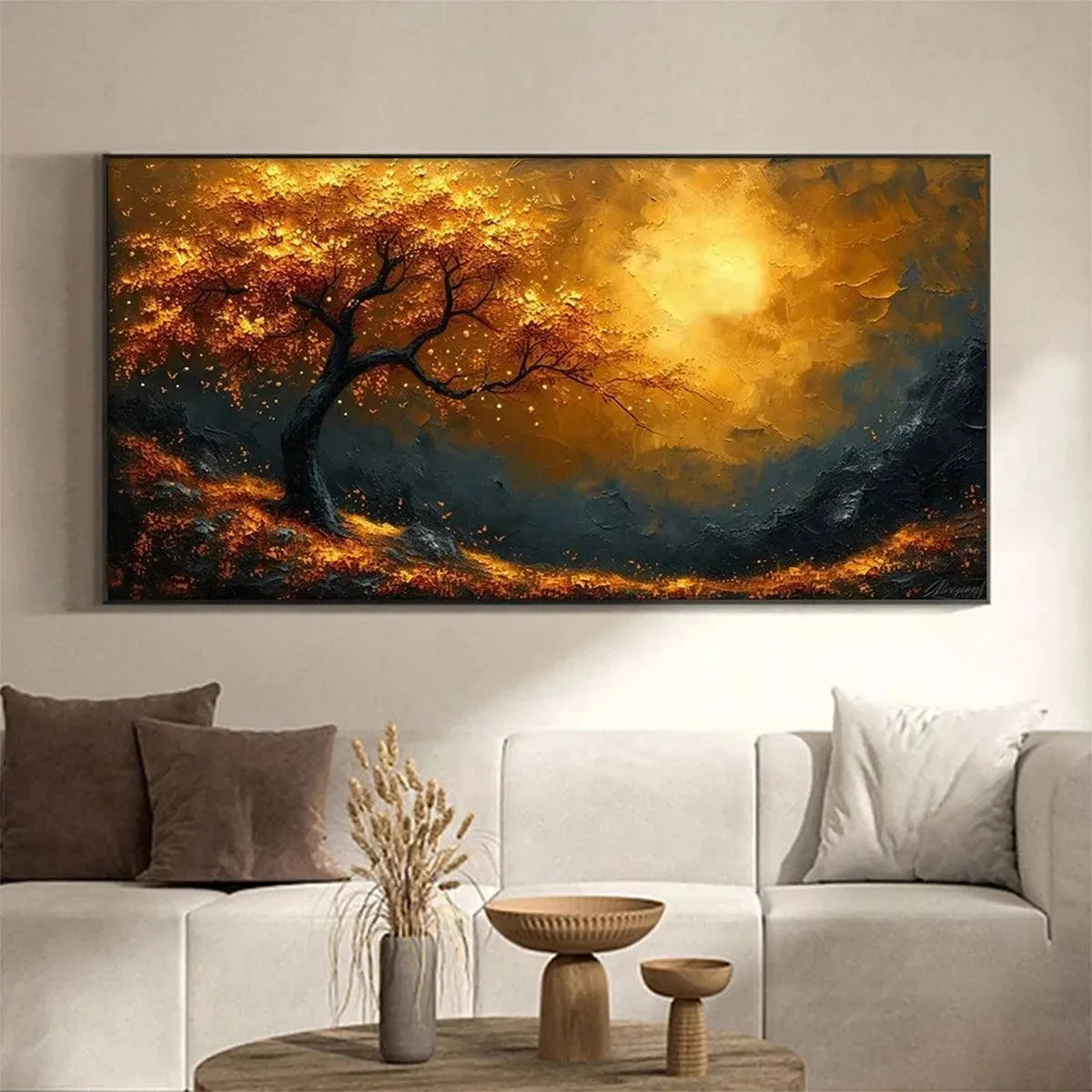 GOLDEN HOUR: Textured Tree Painting, Impasto Wall Art, Panoramic Canvas, Landscape Decor | Landscape closeup, raised brushwork detail