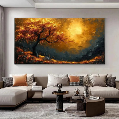 GOLDEN HOUR: Textured Tree Painting, Impasto Wall Art, Panoramic Canvas, Landscape Decor | gold frame stretched on neutral wall