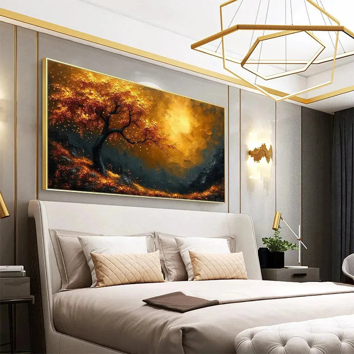 GOLDEN HOUR: Textured Tree Painting, Impasto Wall Art, Panoramic Canvas, Landscape Decor | black frame version on white wall