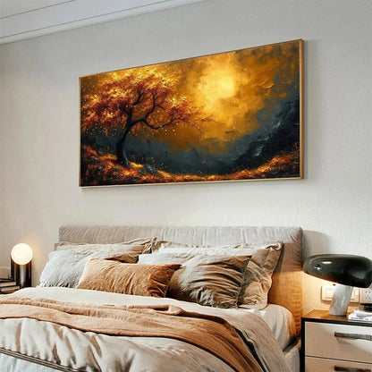 GOLDEN HOUR: Textured Tree Painting, Impasto Wall Art, Panoramic Canvas, Landscape Decor | Landscape mood, soft natural light studio shot