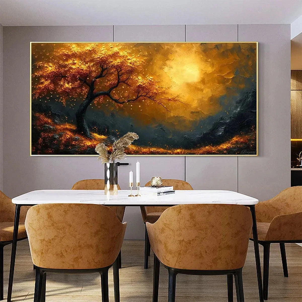 GOLDEN HOUR: Textured Tree Painting, Impasto Wall Art, Panoramic Canvas, Landscape Decor | yellow palette, original oil on stretched canvas art