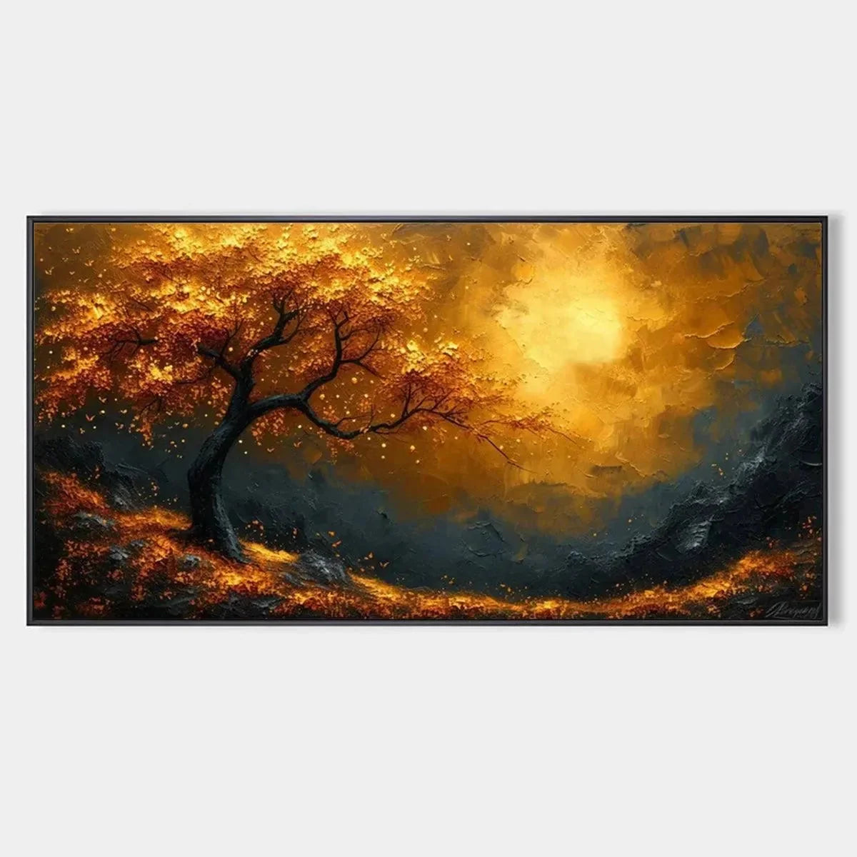 GOLDEN HOUR: Textured Tree Painting, Impasto Wall Art, Panoramic Canvas, Landscape Decor | hanging in living room, Landscape wall art